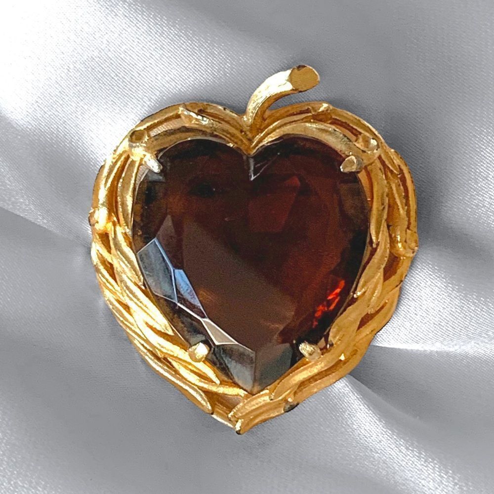 Vintage Smokey Quartz Chunky Gold Heart Brooch